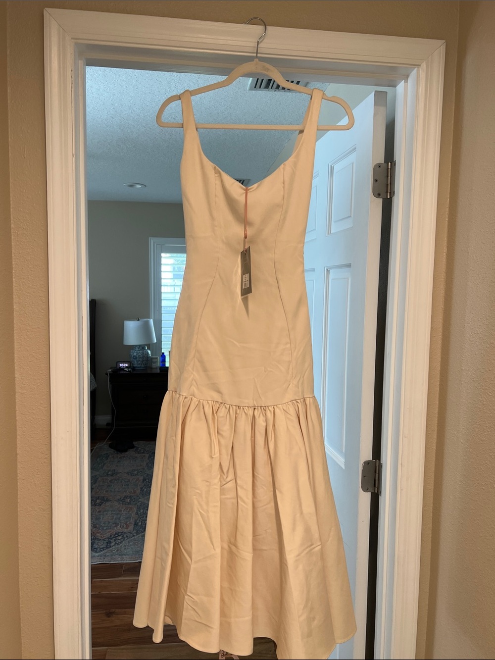House of CB Cream Fitted Midi Dress with Flared Hem Detail